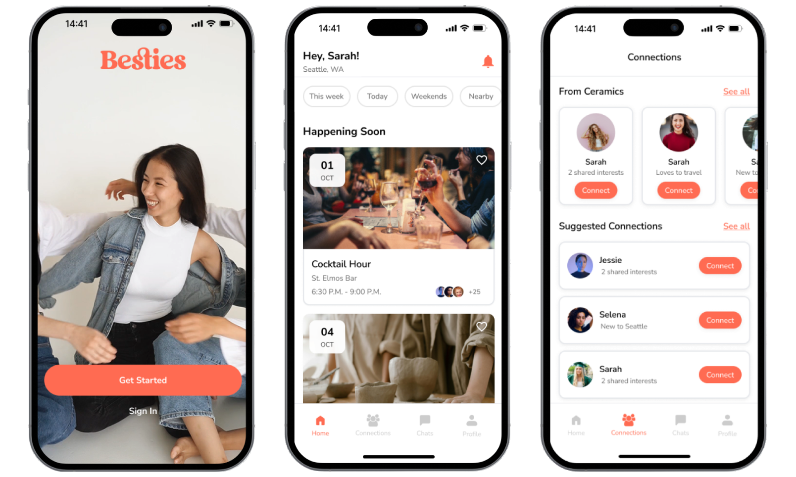 Three Besties app screens: a Get Started welcome, an events feed, and a connections list.