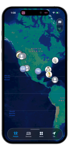 A Find My style map with friends scattered across the continent.
