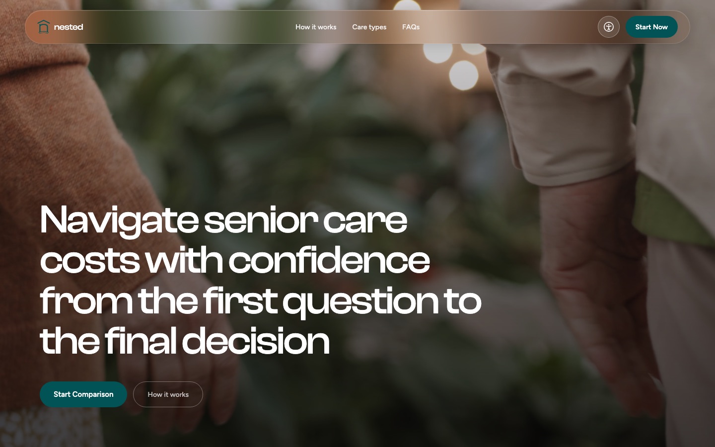 The Nested homepage: a senior-care cost calculator with the headline Navigate senior care costs with confidence and a Start Comparison button