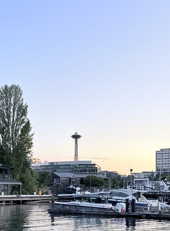 Seattle waterfront and the Space Needle at sunset