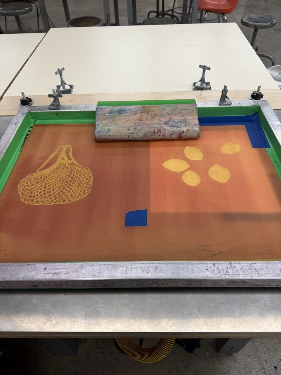 A screenprinting screen in the studio
