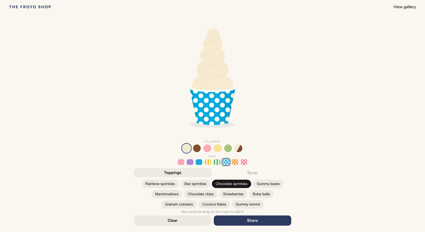 The Froyo Shop app: a soft-serve frozen yogurt in a polka-dot cup with flavor, cup, and topping pickers